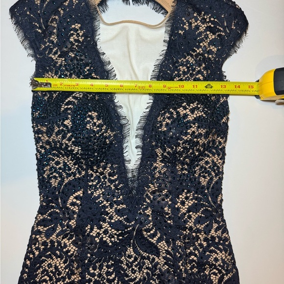 Navy Blue Evening Gown Nude Lining with Lace Overtop Beaded Plunging Neckline - Picture 12 of 16